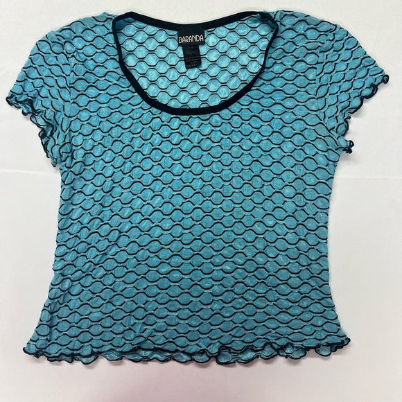 Vintage Baranda Y2K Teal Lettuce Hem Textured  Stretch Top Retro Club Large - Picture 1 of 7
